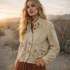 Free People Zip Button Up Bomber Jacket Beige‎ Womens Size 8